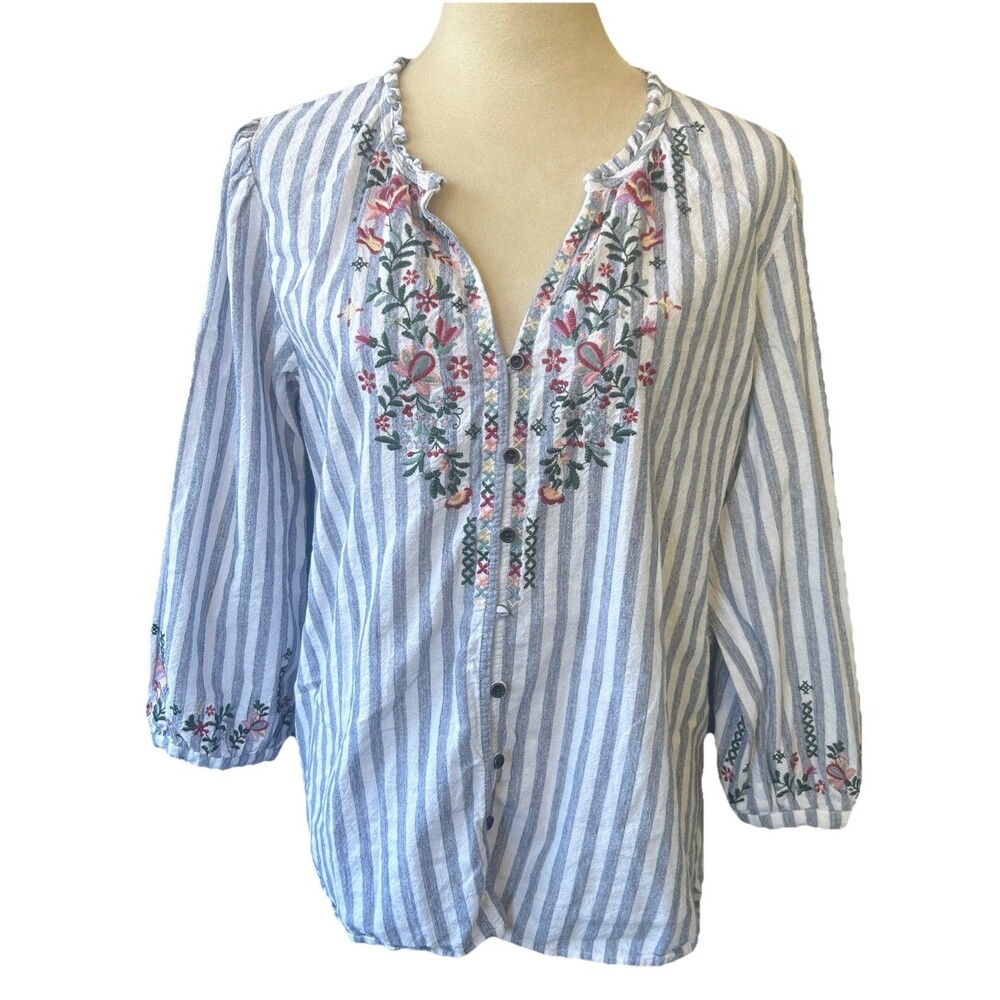 Kate & Sam Top Blouse Boho Peasant Floral Embroidery Striped Cotton Sz L READ